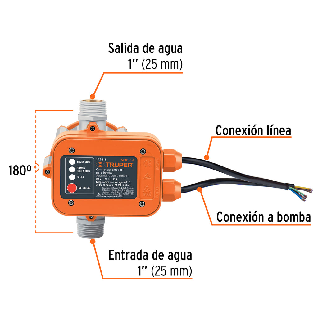 Control automático de bombas para agua 180° Truper