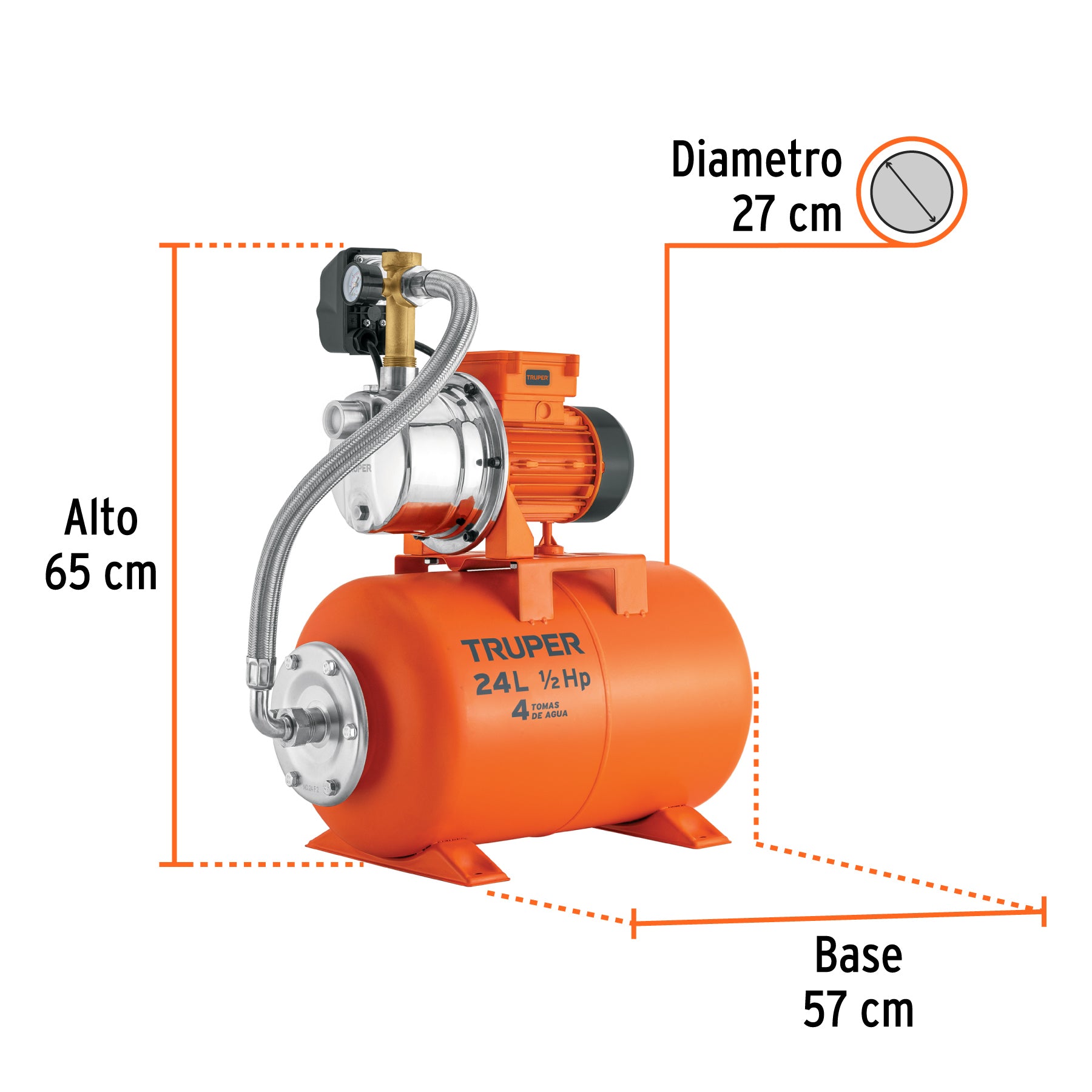 Bomba hidroneumática 1/2 hp 24 litros Truper