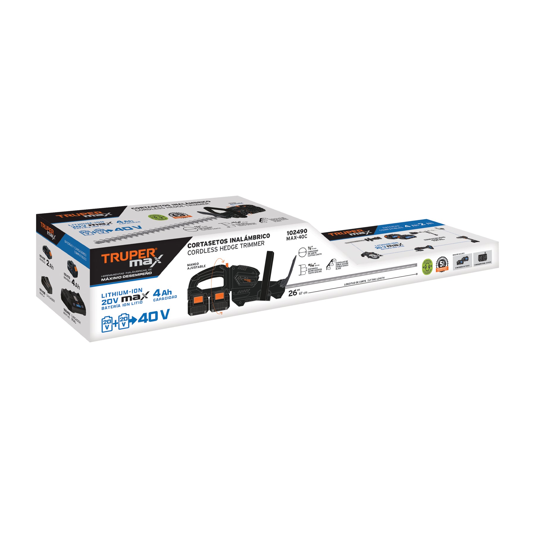 Cortasetos inalámbrico 40V 2 baterías 4Ah 1 cargador dual Truper Max
