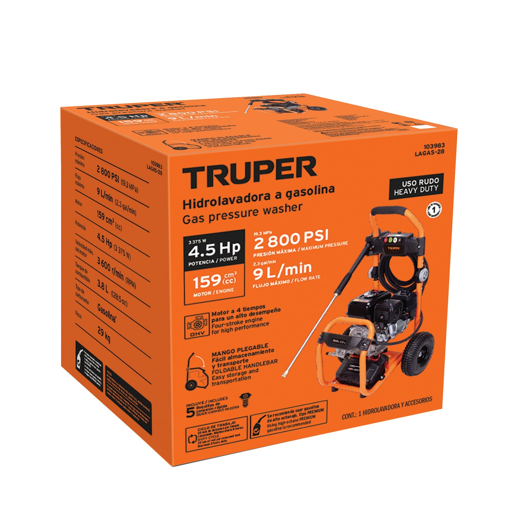 Hidrolavadora con motor a gasolina 2,800 PSI Truper